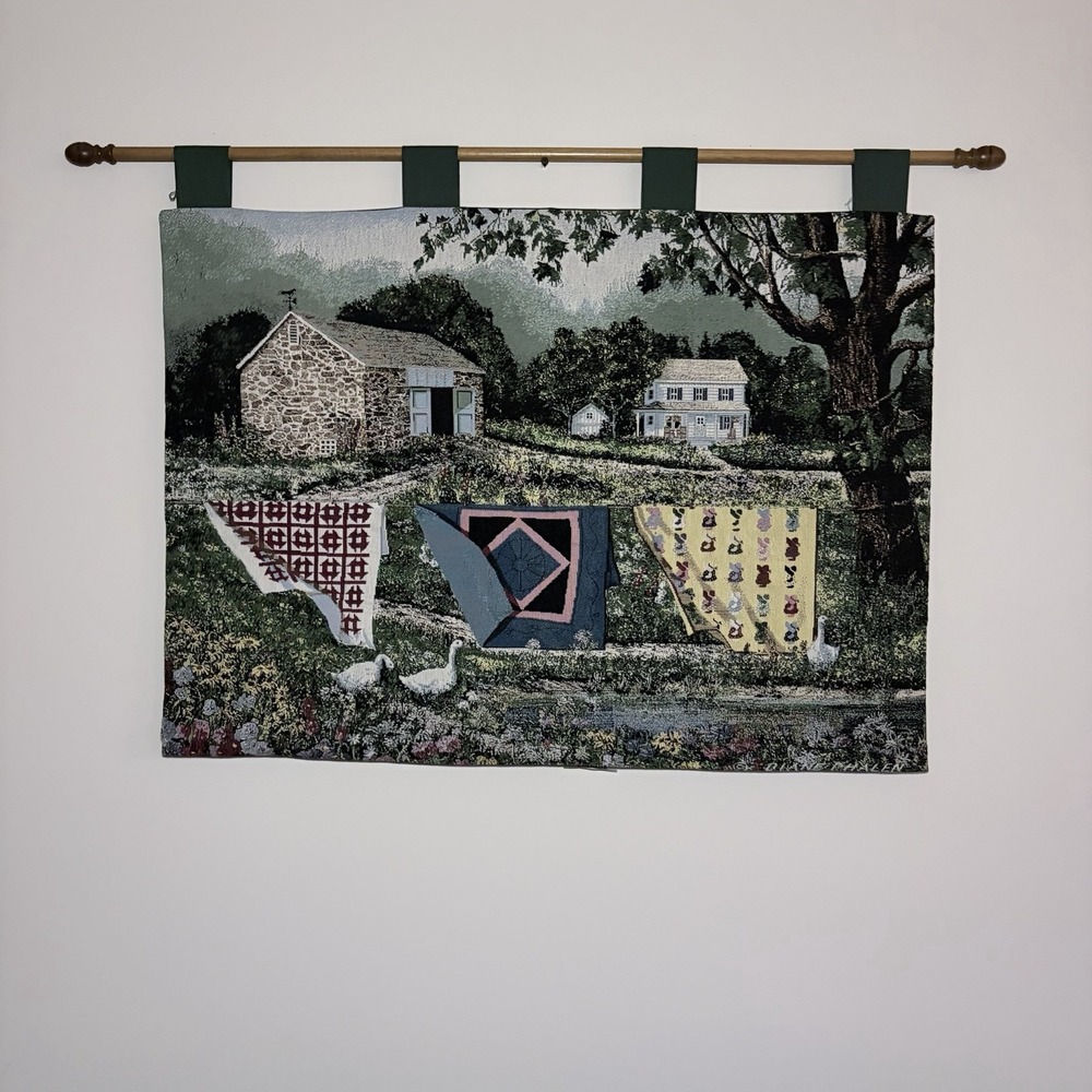 Vtg Tapestry Wall Hanging French Farmhouse Quilt Scene Geese Cottage Core /rod